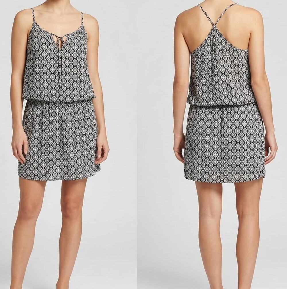 Faded Glory Flip Flop Dress Small 4-6 Lined Black White Print Straps V Neck